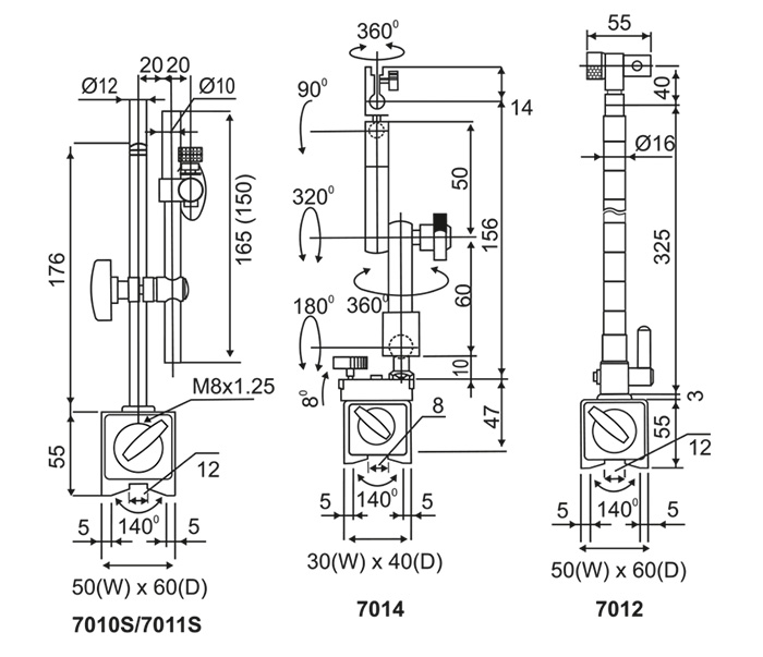 Magnetic Stands - 7010S-7011S-7014-7012 - SPECIFICATIONS & DIMENSIONS